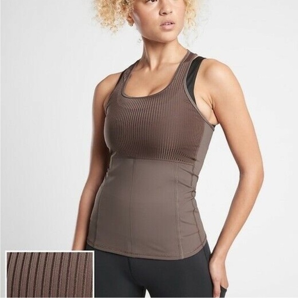 Athleta Vitality Rib Tank Coffee House Brown Scoop Neck Stretch UPF Size M - Picture 2 of 10